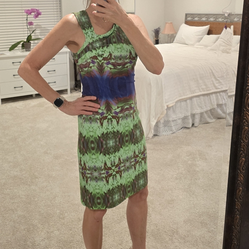 Aidan Mattox Green Purple Rust Asymmetrical Cocktail Dress - Picture 1 of 7